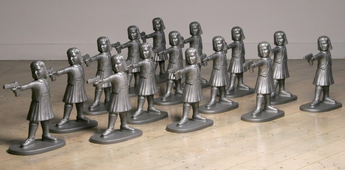 Girls with Guns is an edition of 300 based on an earlier sculpture of eight girls that were cast in iron. Ideally these would be exhibited in groups of 32, the number of soldiers in a platoon. A spoof on toy soldiers and girl dolls, these figures are a critical commentary of our gun obsession and gender biases (good girl/passive girl).lture and good girl/passive girl