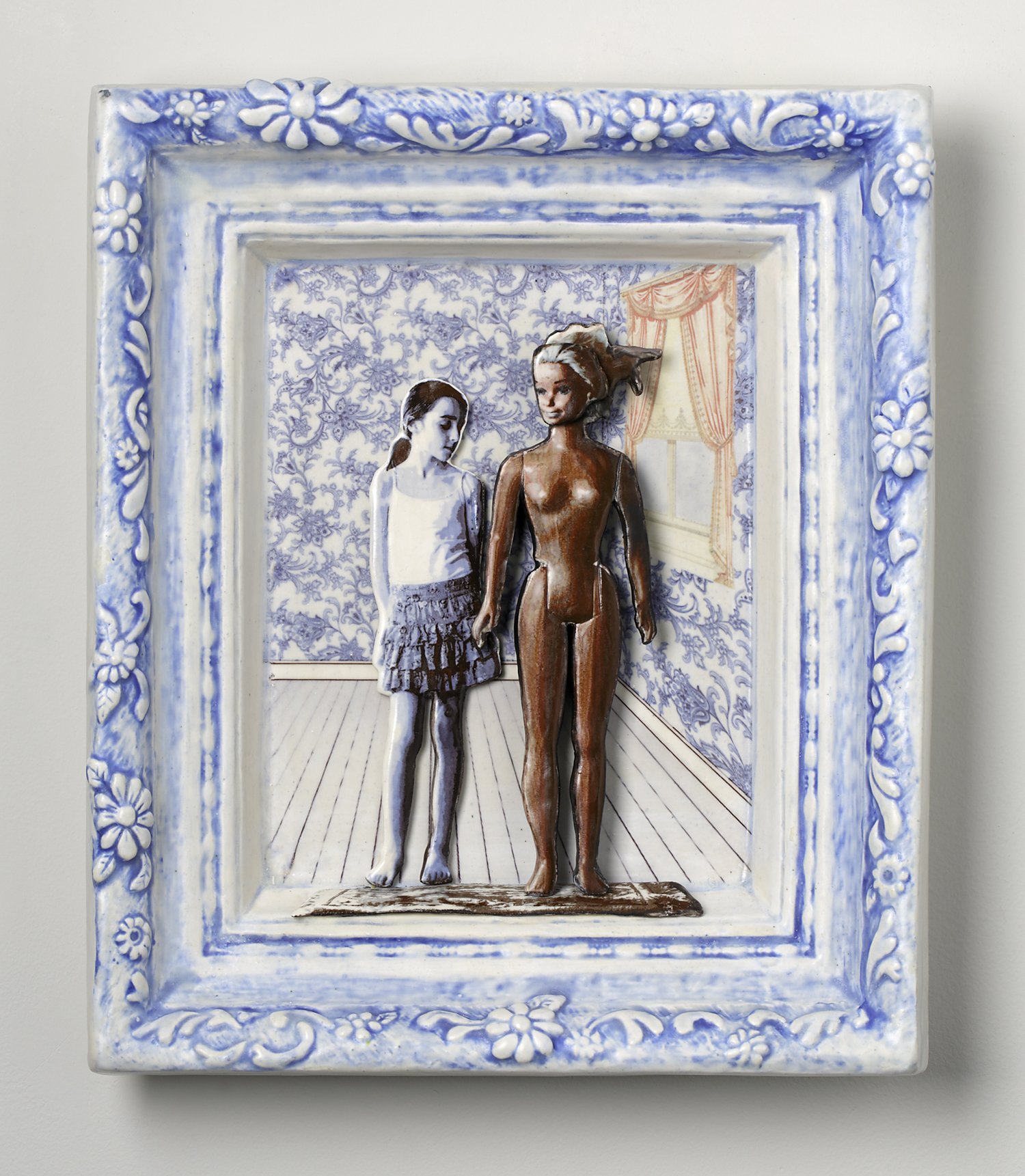 family portrait spoof of girl looking at adult size barbie in living room