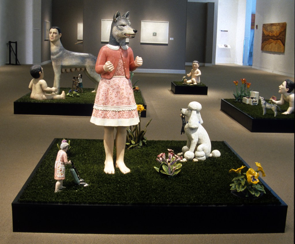 Ceramics, figurative, sculpture, clay sculptures, fine art for sale, figurine, wolf, rabbits, animals, hybrids, children, little girls, women, feminist, social commentary, pottery, busts, portraits, drawings, tiles, cups, cast iron, metal, charcoal, pencil, watercolor, ink, installation, exquisite corpse, nudes, surrealism, contemporary art, gender, tchotchke, kitsch, pop surrealism, postmodernism, domestic, beauty, familial roles, gender roles, low art, Madonna, gun control, gun culture, flower art, buy fine art, collect fine art, art collectors, art collections, fine art collectible, famous artist, renowned artist, valuable art, museum art, museum quality
