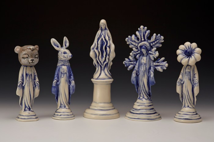 Ceramics, madonnas, figurative, sculpture, clay sculptures, fine art for sale, figurine, wolf, rabbits, animals, hybrids, children, little girls, women, feminist, social commentary, pottery, busts, portraits, drawings, tiles, cups, cast iron, metal, charcoal, pencil, watercolor, ink, installation, exquisite corpse, nudes, surrealism, contemporary art, gender, tchotchke, kitsch, pop surrealism, postmodernism, domestic, beauty, familial roles, gender roles, low art, Madonna, gun control, gun culture, flower art, buy fine art, collect fine art, art collectors, art collections, fine art collectible, famous artist, renowned artist, valuable art, museum art, museum quality, religious statues, virgin mary, madonna